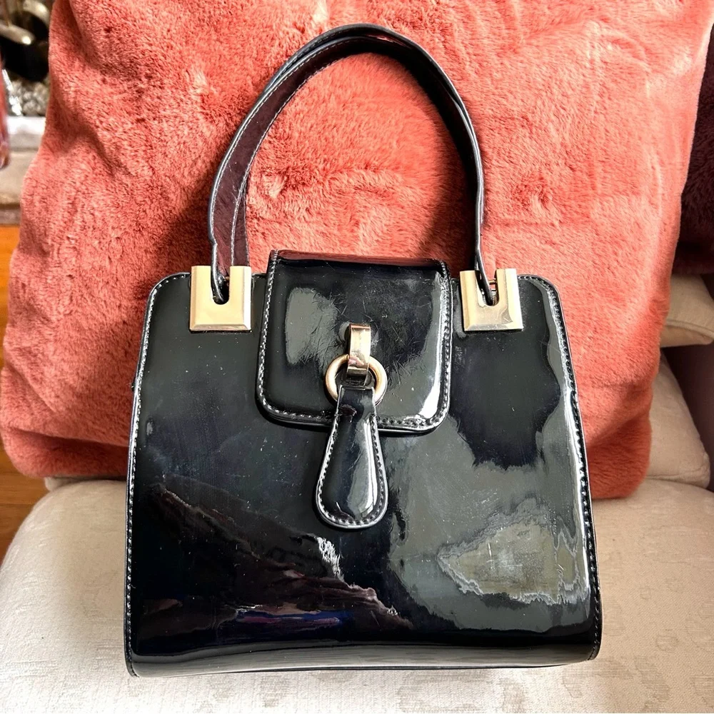 Faux Black Patent Leather Satchel with Gold Hardware, Handles and Crossbody